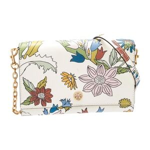 Tory Burch Ivory Floral Envelope Crossbody with Gold Chain Strap EUC!